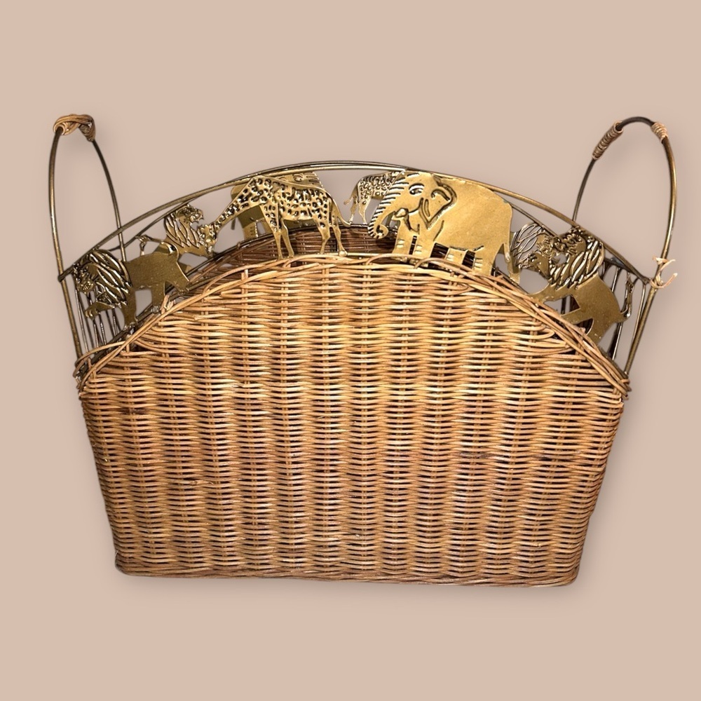 Vintage Wicker Magazine Rack with Brass Safari Animal Design